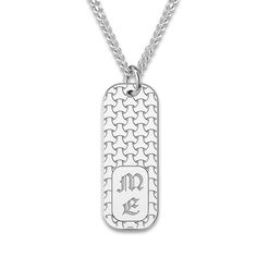 A lustrous woven textured, engravable dog tag pendant hangs handsomely around this stylish men's necklace. Fashioned in sterling silver, the 22-inch curb chain secures in place with a lobster clasp. Personalize with 2 characters. Sterling Silver Etched Dog Tag Necklace, Personalized White Gold Dog Tag Necklace, Sterling Silver Dog Tag Necklace With Laser Engraving, Engraved White Gold Necklace For Father's Day, Silver Laser Engraved Dog Tag Jewelry, Sterling Silver Dog Tag Necklace Laser Engraved, Engraved White Gold Necklace, Silver Laser Engraved Dog Tag Necklace, Sterling Silver Engraved Dog Tag Necklace