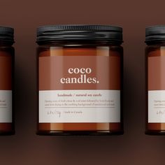 three jars of cocoa candles on a brown background with the words coco candles printed on them