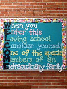 a brick wall with a sign on it that says, when you enter this living school consider