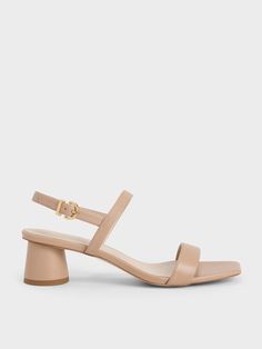 Nude Cylindrical Heel Back Strap Sandals - CHARLES & KEITH US New Neutrals, Casual Basics, Ankle Strap Block Heel, Elegant Sandals, Nude Sandals, Fancy Shoes, Bridesmaid Shoes, Faux Leather Heels, Charles Keith