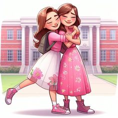 two girls hugging each other in front of a building