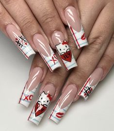 ig: julolaesnails Matching Hello Kitty Nails, Hello Kitty Valentines Nails, Nails Vacay, Valentines Nails French, Nail Inspo Hello Kitty, Duck Nails Short, French Tip Nails Pink, Nails Sanrio, Nails Duck