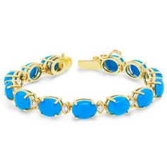 Charming Bracelet Accented With 13, Prong-Set , Oval Cabochon Turquoises And 13 Prong-Set Round Cut Brilliant Diamonds. All Set In A 7" 14KT Yellow Gold Bracelet. This Item Is Made-To-Order. Please Allow Up To 10 Business Days To Make It. Luxury Turquoise Bracelets For Women, Luxury Turquoise Bracelets With 17 Jewels, Formal Blue Bracelets With Cabochon, Formal Oval Turquoise Bracelet, Elegant Turquoise Bracelets With Cabochon, 14k Gold Multi-stone Turquoise Jewelry, Hand-strung Turquoise Crystal Round Bracelet, Luxury Hand-strung Turquoise Bracelets, Charming Bracelet