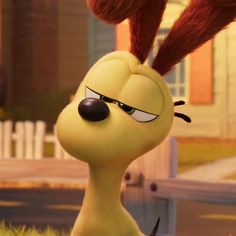 an animated character is standing in the grass with his ears up and eyes wide open