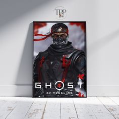 a poster with the words ghost on it in front of a white wall and floor