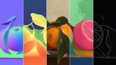 an assortment of different colored images with fruit in them