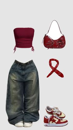 Red Cargo Outfit, Colourful Aesthetic Outfit, Outfit 2000 Style, Trashy Outfits, Trendy Outfits For Teens, Clothes And Shoes, Swaggy Outfits