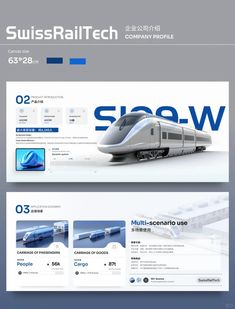 the website design for swiss rail tech is shown in blue and white colors, with an image