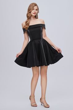 Expertly crafted with a sleek off-the-shoulder design, this black homecoming dress features intricate lace detailing and a figure-flattering lace-up back. Perfect for making a bold statement, this dress will have you feeling confident and stylish at any special event. Black Homecoming Dress With Fitted Bodice, Black Dress With Fitted Bodice For Homecoming, Black A-line Strapless Dress For Prom, Black Satin Mini Dress For Prom Season, Black Mini Dress With Fitted Bodice For Prom, Fitted A-line Off Shoulder Dress For Prom, Off Shoulder Mini Dress For Prom, Mini Off Shoulder Dress For Homecoming Prom, Fitted A-line Off Shoulder Prom Dress