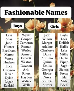 the names of fashionable names for boys and girls, with flowers in front of them