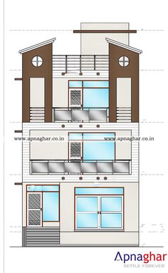 an architectural drawing of the front and side of a two story building with three levels