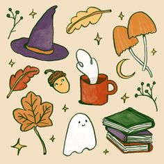 a drawing of halloween items including books, hats and pumpkins on a beige background