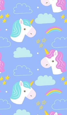 unicorns and stars on a blue background with clouds, stars and rainbows in the sky