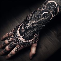 a man's hand with an intricate dragon tattoo design on the left arm and wrist