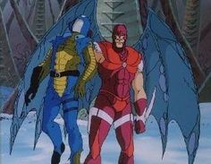 an animated image of two superheros walking in the snow with their wings spread out