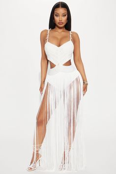 Available In White. Fringe Maxi Dress Adjustable Spaghetti Straps V-Neckline Padded Bra Cups Cut Out Seashell Detail Fringe Skirt Invisible Back Zipper Lined Stretch Self: 95% Polyester 5% Spandex Lining: 100% Polyester Imported | Alana Fringe Maxi Dress in White size Medium by Fashion Nova Hot Miami Styles Dresses, Beach White Dress, White Fringe, Hot Miami Styles, White Beach, Fringe Skirt, Fringe Dress, White Skirt, Padded Bra