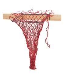 a red net hanging from the side of a wooden stick on a white wall with string attached to it