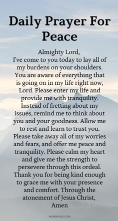 an image with the words daily prayer for peace