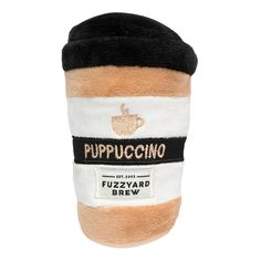 a stuffed animal with a tag on it's side and the words puppuccino