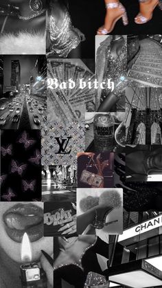 black and white collage with chanel logo, high heeled shoes, glittery heels, diamond necklaces