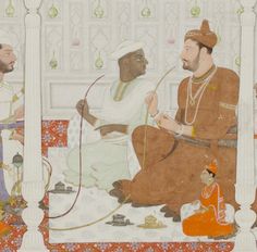 an old painting with men sitting on the floor