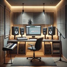 a home studio with sound equipment and lighting