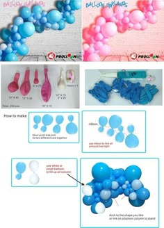 the instructions for how to make balloon garlands with balloons and streamers in blue, pink