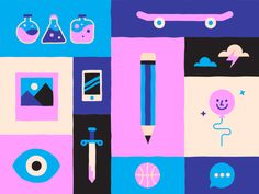 an abstract illustration of various objects and things in blue, pink, purple and black