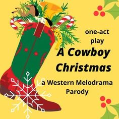 a cowboy's christmas boot with candy canes and holly on the bottom, in front of a yellow background