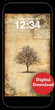 an iphone with the text digital download on it and a tree in front of it