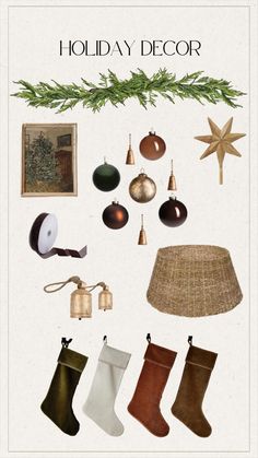 a christmas card with stockings, bells and ornaments