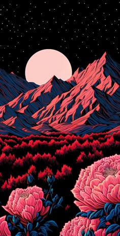 a painting of mountains with flowers in the foreground and a full moon in the background