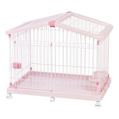 a small pink bird cage with wheels