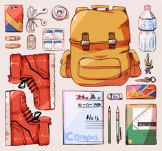 an assortment of school supplies including shoes, notebooks and water bottles