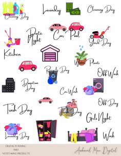 a poster with different types of cars and houses on it's back side, all written in cursive writing