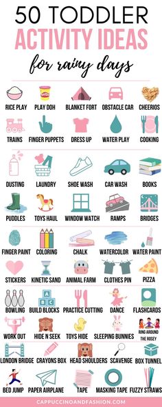 the 50 toddler activities for rainy days are shown in pink, blue and green