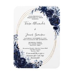 an elegant wedding card with blue roses and gold trimmings on the front, in white