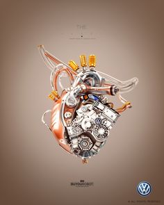 the volkswagen print advert features an image of a heart made out of mechanical parts