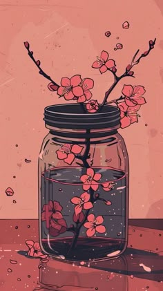 a jar filled with water and pink flowers on top of a wooden table next to a wall