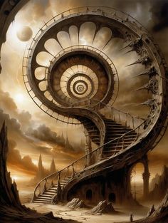 a spiral staircase in the middle of a desert with dark clouds and an orange sky