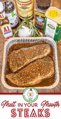 meat in a pan with spices and seasonings on the side, next to it is an advertisement for steak steaks