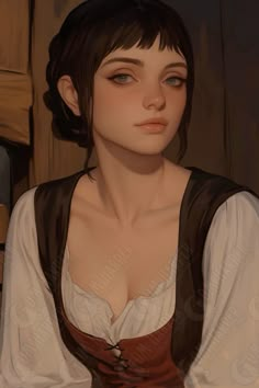 a painting of a woman wearing a brown vest and white shirt with her hair pulled back