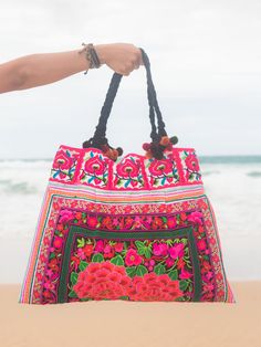 Garden Handmade Beach Tote Bag Hmong Embroidered Fair Trade Thailand (BG301BLAR) Traditional Pink Beach Bag, Beach Tote With Multicolor Embroidery, Beach Tote Shoulder Bag With Multicolor Embroidery, Multicolor Embroidered Tote Shoulder Bag For Beach, Pink Bohemian Handwoven Beach Bag, Pink Bohemian Embroidered Shoulder Bag, Pink Embroidered Bohemian Shoulder Bag, Bohemian Pink Embroidered Shoulder Bag, Pink Embroidered Beach Bag