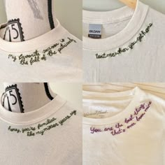 two shirts with embroidered words on them, one in white and the other in purple