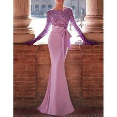 Silhouette:Mermaid / Trumpet; Hemline / Train:Floor Length; Closure:Zipper UP; Built-In Bra:Yes; Embellishment:Bow(s),Pearls; Fabric:Sequined,Stretch Crepe; Sleeve Length:Long Sleeve; Tips:Colors may vary slightly due to different monitor settings,Professional dry cleaner only; Boning:No; Style:Sparkle,Elegant; Occasion:Formal,Wedding Reception; Neckline:Jewel Neck; Brand:TS Couture; Front page:Evening Gown; Listing Date:06/24/2024; Bust:null; Hips:null; Hollow to Floor:null; Waist:null Formal Wedding Reception, Gown Elegant, Sequin Evening Gowns, Purple Mermaid, Evening Dresses Online, Cheap Evening Dresses, Dresses Formal Elegant, Sequin Evening Dresses, Evening Gowns Elegant