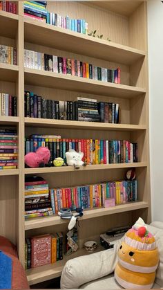 a bookshelf filled with lots of books next to a stuffed animal on top of a couch