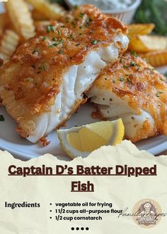 an advertisement for captain d's battered fish on a plate with fries and lemon wedges