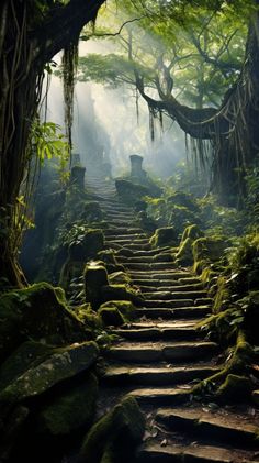 a set of stairs in the middle of a forest with moss growing on it's sides