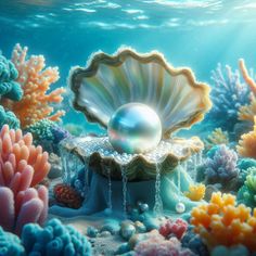 an ocean scene with a large pearl in the middle of it's shell and corals