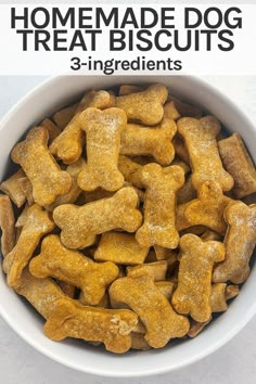 homemade dog treat biscuits in a white bowl with the title overlay reads, homemade dog treat biscuits 3 ingredients